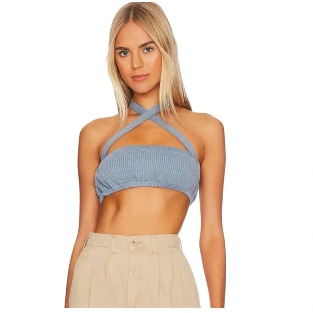WeWoreWhat Halter Bra Top in Storm Size Medium, ribbed knit fabric & elastic - Picture 1 of 10